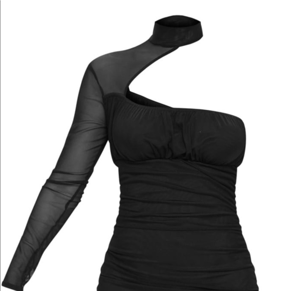 Black Mesh One Shoulder Midi Dress - Picture 3 of 3